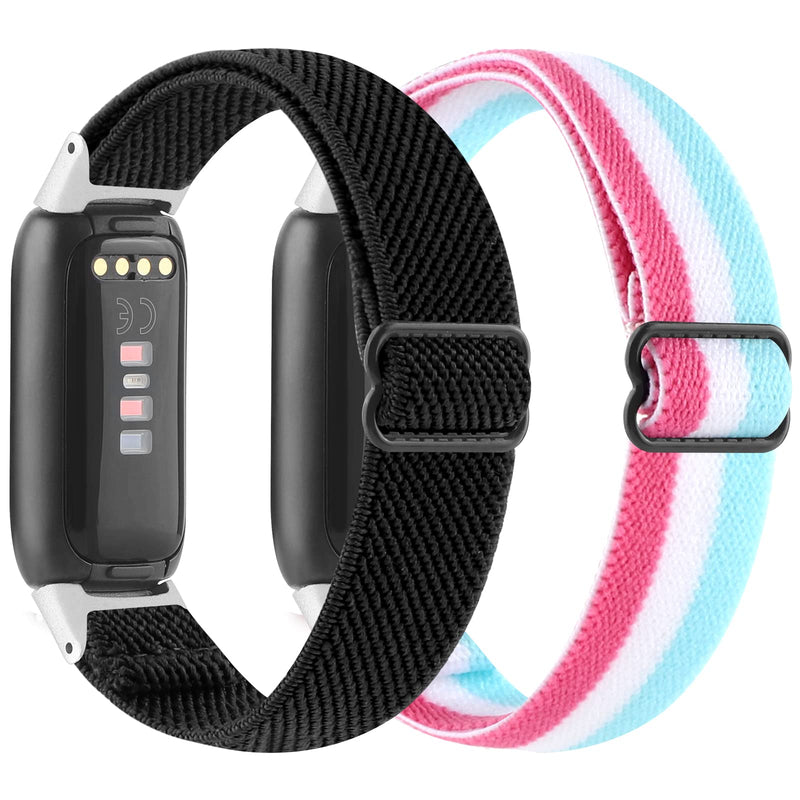 Elastic Watch Band Compatible with Fitbit Luxe,Adjustable Stretch Soft Nylon Breathable Wristband Replacement Women Men for Fitbit Luxe（Black-White Pink） Black-White Pink