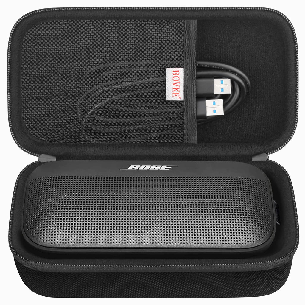 BOVKE Hard Travel Speaker Case for Bose SoundLink Flex Bluetooth Portable Speaker, Extra Mesh Pocket for Bluetooth Speakers Bose Charger, Charging Cables, Black