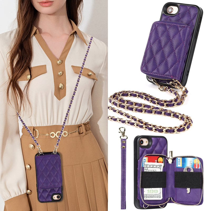 Jaorty Crossbody Detachable 2 in 1 Wallet Case for iPhone 7/8 and iPhone SE 2020/2022 (3rd Gen),Case with Zipper Card Holder Bag Wrist Strap Lanyard Purse Compatible with iPhone 7/8 4.7 inch,Purple Purple
