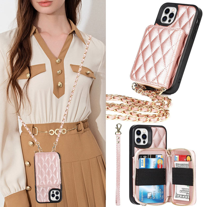 Jaorty Crossbody Detachable 2 in 1 Wallet Case for iPhone 12 and iPhone 12 Pro,Crossbody Case with Zipper Card Holder Bag Wrist Strap Lanyard Purse Compatible with iPhone 12/12 Pro 6.1 inch,Rosegold RoseGold
