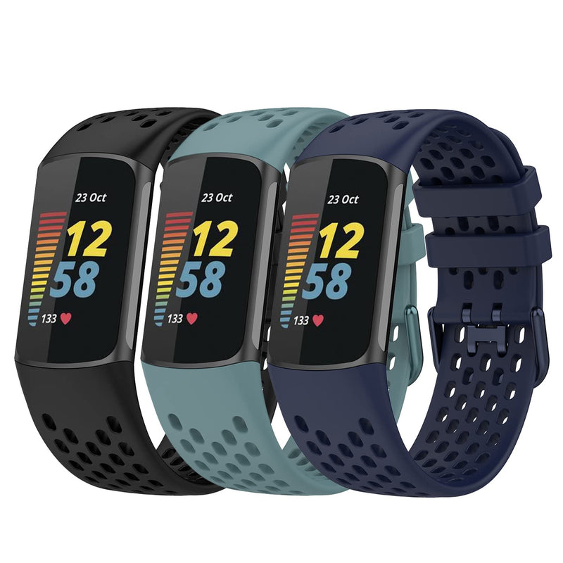 3PCS Sport Bands Compatible with Fitbit Charge 5 Smartwatch Accessory,Air Hole Breathable Soft Silicone Watch Strap Wristbands Bracelet Replacement for Charge 5 Women Men,Black/Steel Blue/Blue Black/Steel blue/Blue