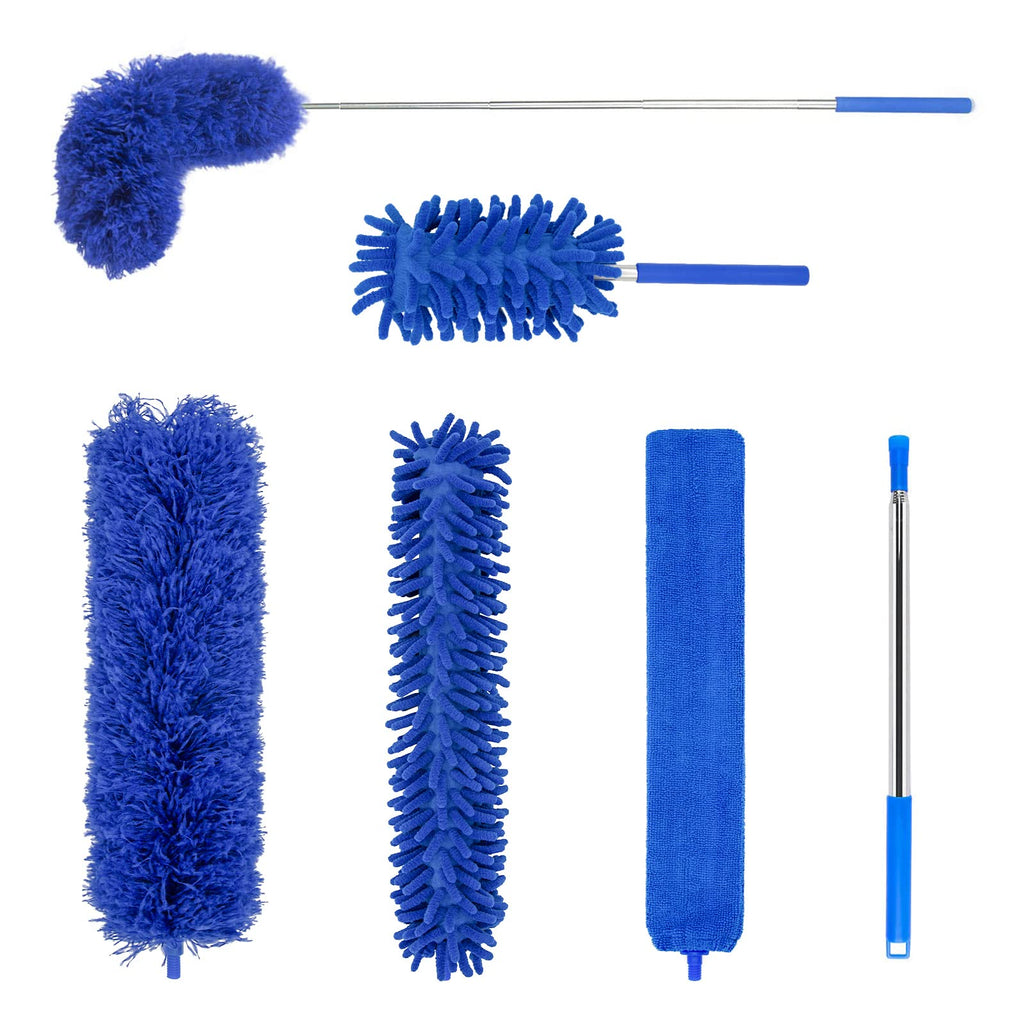 5Pcs Microfiber Duster Set with Stainless Steel Extension Pole (30-100 Inches),3 Cleaning Head and 1 Mini-Duster (10-30 Inches). Cleaning for Ceiling Fan, Blinds, Cobweb, Gap, High Ceiling Etc(Blue)