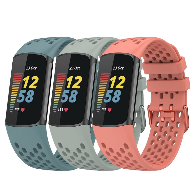 3PCS Sport Bands Compatible with Fitbit Charge 5 Smartwatch Accessory,Air Hole Breathable Soft Silicone Watch Strap Wristbands Bracelet Replacement for Charge 5 Women Men,Steel Blue/Gray/Pink Steel blue/Gray/Pink