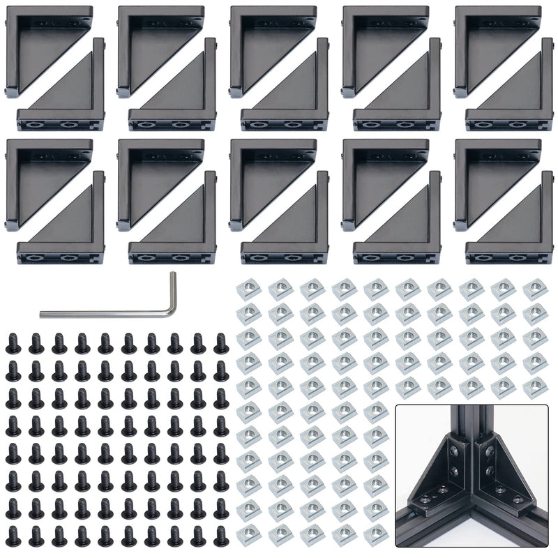 CheeMuii 2040 Corner Bracket Kit,20pcs Corner Brackets 80pcs Hexagon Socket Screw 80pcs Slide Nuts and 1pcs Hex Wrenchs for Slot 6mm 20s Aluminum Extrusion Profile Rail Accessories 20sets Black