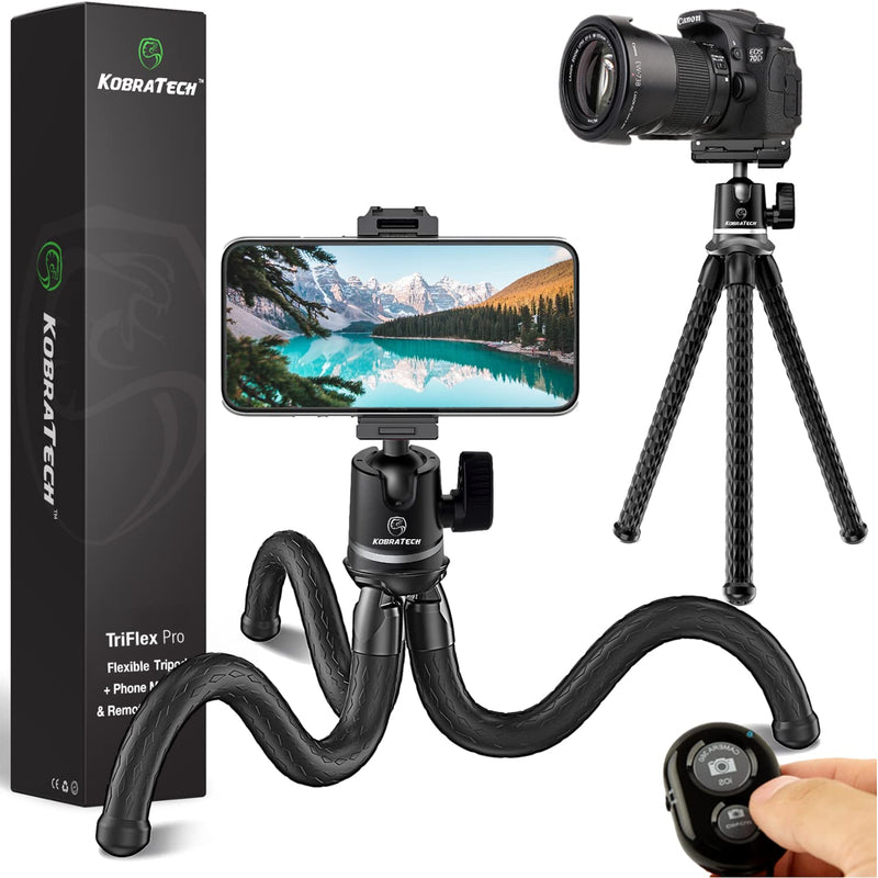 KobraTech Flexible Tripod for iPhone and Camera | TriFlex Pro Flexible Phone Tripod | Flexible Tripod for Cell Phone & Camera with Remote Shutter, Cold Shoe & Bubble Level