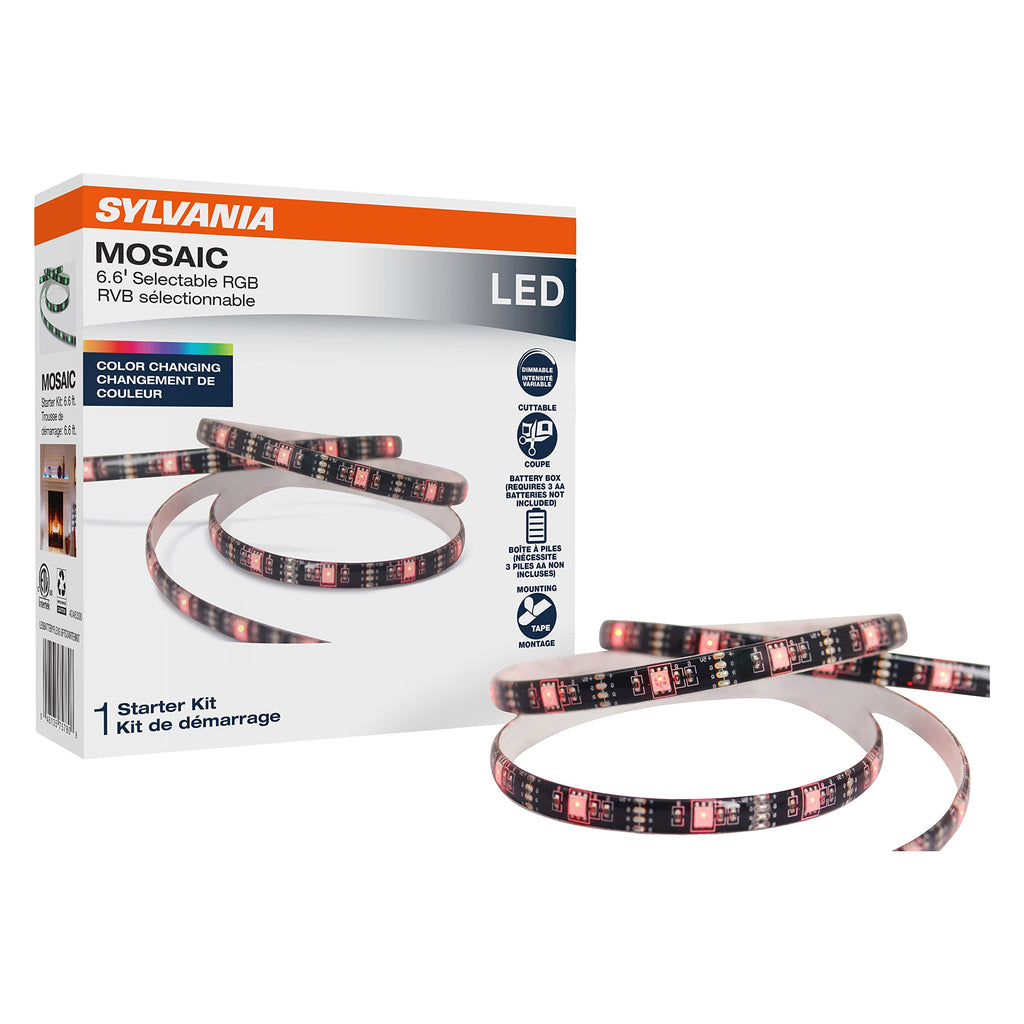 SYLVANIA 6.6ft Mosaic RGB Flexible Light Strip Starter Kit, 16 Dimmable Colors with RF Remote Control, Battery Box, Black - 1 Pack (75780) Battery RBG