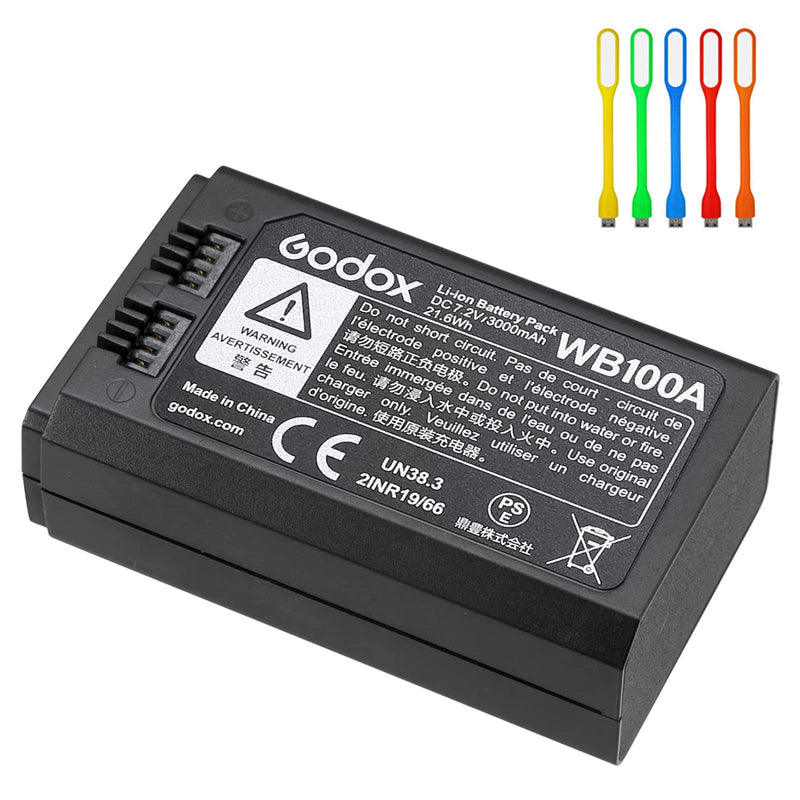 Godox WB100A WB100 7.2V/3000mAh Replacement Lithium Battery Pack for Godox AD100Pro Flash Strobe and Godox V1 V1-S, V1-N, V1-C, V1-O, V1-F, V1-P Speedlite with USB Light (Update WB100 Battery)