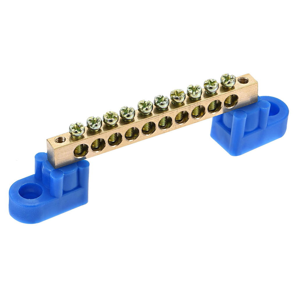 MECCANIXITY Terminal Ground Bar Screw Block Barrier Brass 10 Positions Blue for Electrical Distribution 4 Pcs
