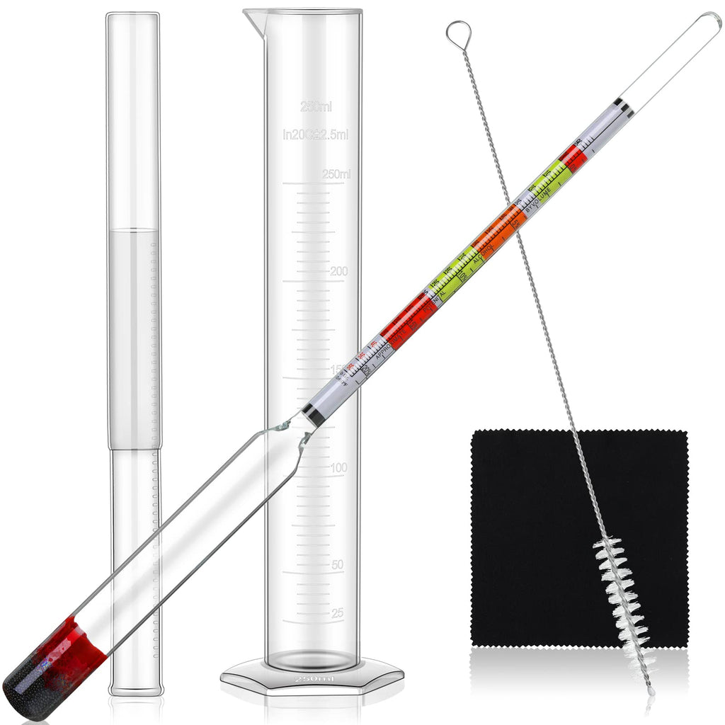 Alcohol Hydrometer Alcohol Measuring Tools Hydrometer Test Jar ABV Brix and Gravity Test Kit Triple Scale Hydrometer with 250 Ml Plastic Graduated Cylinder Cleaning Brush and Cloth for Home Brewing