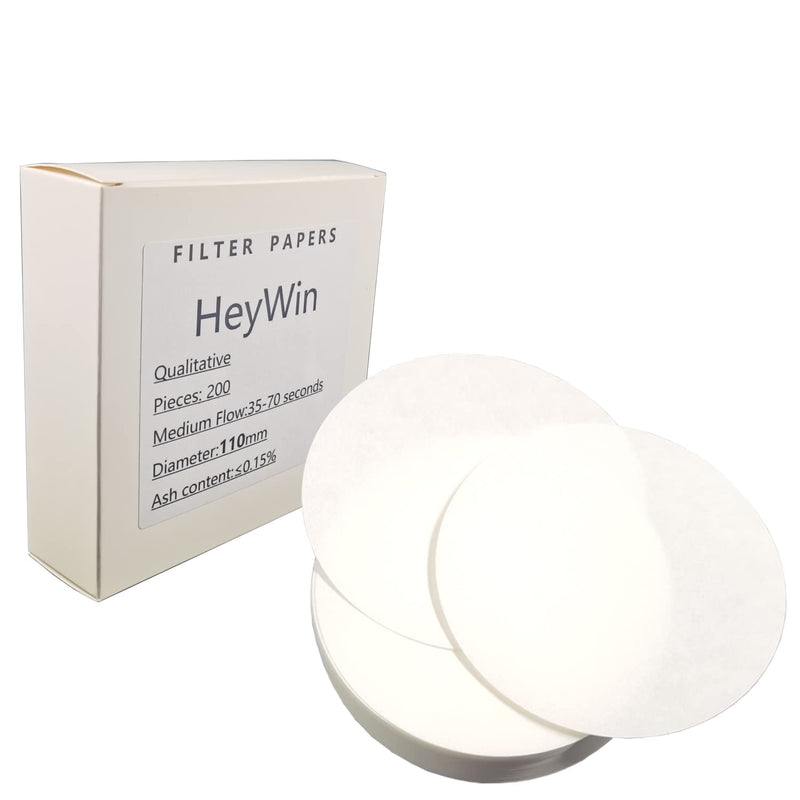 HeyWin 200 Packs Qualitative Filter Paper Chemistry,Diameter of 110mm Filter Paper Circles,Medium Speed,Used in The Vacuum Filter,Also for Funnel,etc White