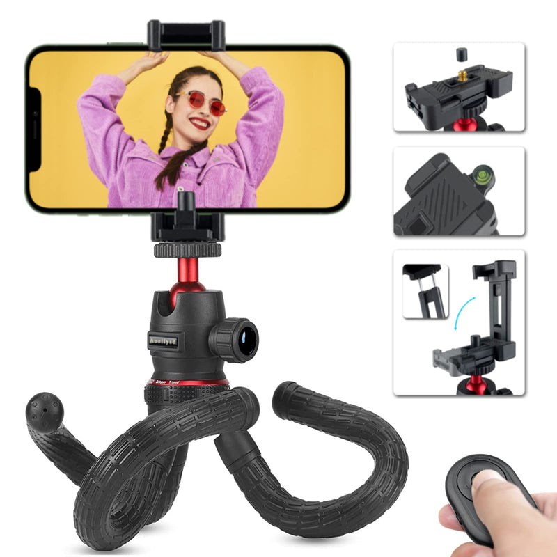Flexible Tripod, Phone Stand for Recording, Pocket Tripod for iPhone and Android, Bendable Small Tripod, Mini Tripod, iPhone Tripod Stand Holder with Wireless Remote, Lexible Tripod, for Selfies Black
