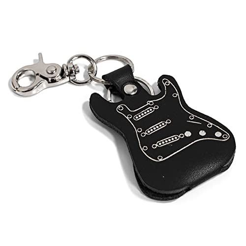 Fender Stratocaster Guitar shaped pick holder made of real leather with keychain and hook Made in Italy by Ends Cuoio (black) Black