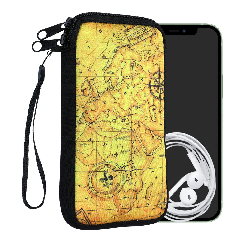 kwmobile Neoprene Sleeve for Smartphone Size XL - 6.7/6.8" - Shock Absorbing Pouch Case - Protective Phone Bag - Antique World Map Black/Brown/Beige Antique World Map 01-05-11