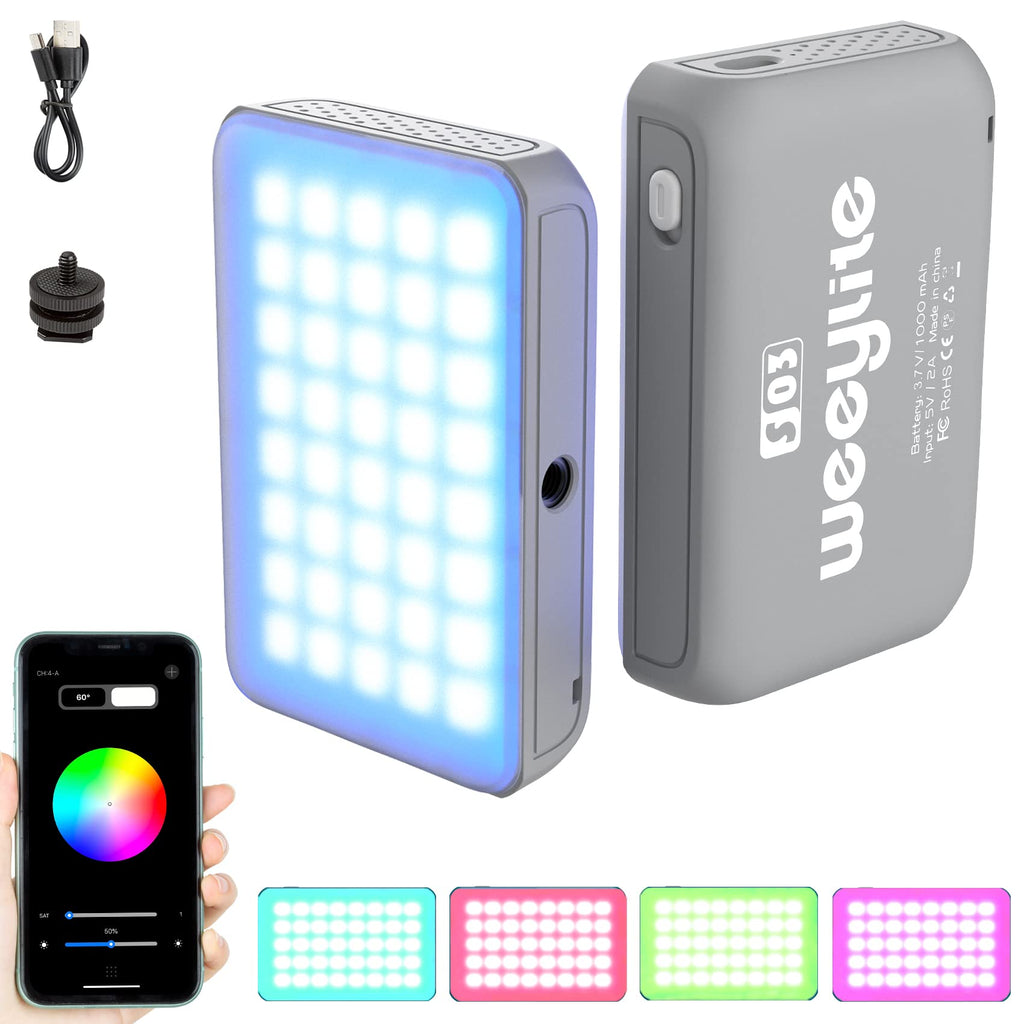 Weeylite RGB Camera Light, App Control Pocket LED On-Camera Video Lights w Built-in 1000mAh Rechargeable Battery/360 Full Color 26 Light Effects/CRI≥95 2800-6800K LED Panels for Photography Vlogging Grey