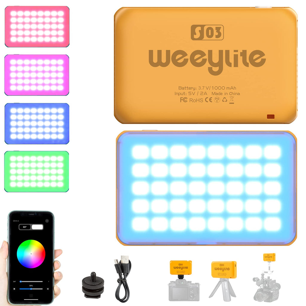 Weeylite LED On Camera Video Light, 360° Full Color RGB LED Camera Light with App Control, Pocket Photo Light 2800-6800K Portable Panel Lights Photography Lighting for Photoshoot Zoom Lighting Yellow