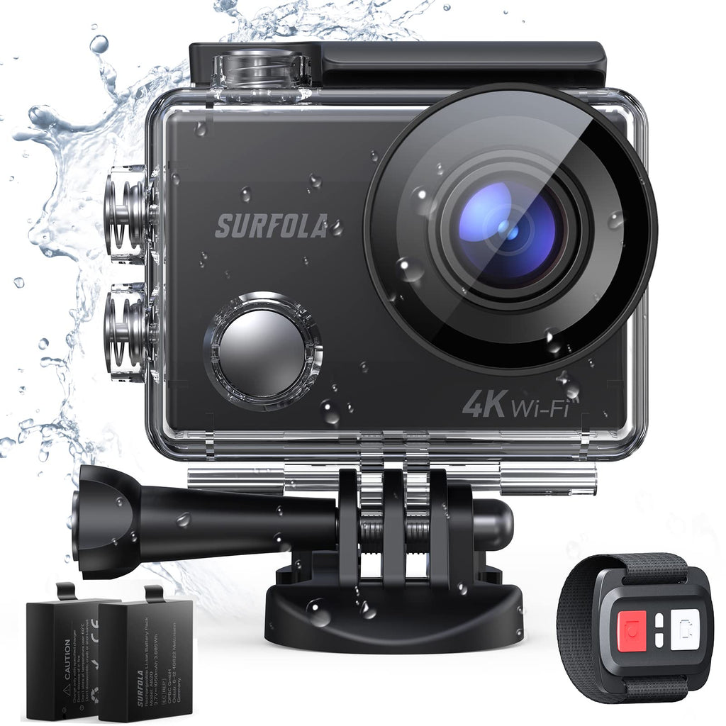 Action Camera, 4K 20MP WiFi Sports Cam, Anti-Shake Waterproof Cameras with Remote Control, 170 ° Wide Angle 2 Batteries and Mounting Accessories Kit Surfola SF300