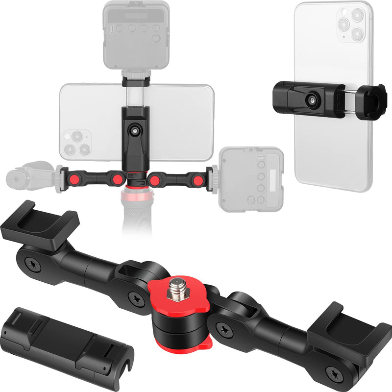 ChromLives Cold Shoe Mount Adapter with Phone Clip,Rotatable Dual Cold Shoe Extension Bracket Hot Shoe Mount Adapter for Led Light/Microphone Red