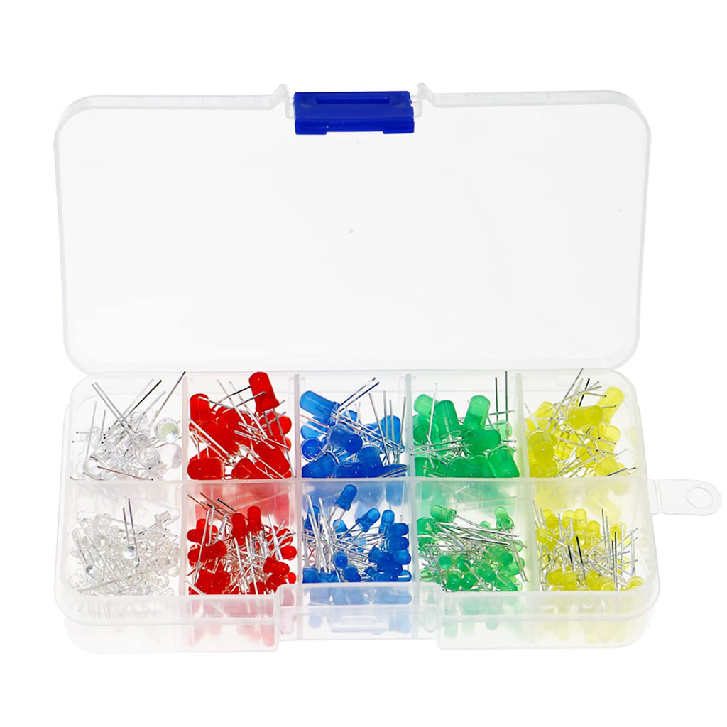 Cermant 200pcs (5 Colors x 20pcs) LED Emitting Diodes Round Assorted Color White/Red/Yellow/Green/Blue Kit F3 F5 LEDs Light Emitting Diodes DIY Electronic in a Box(3mm and 5mm)