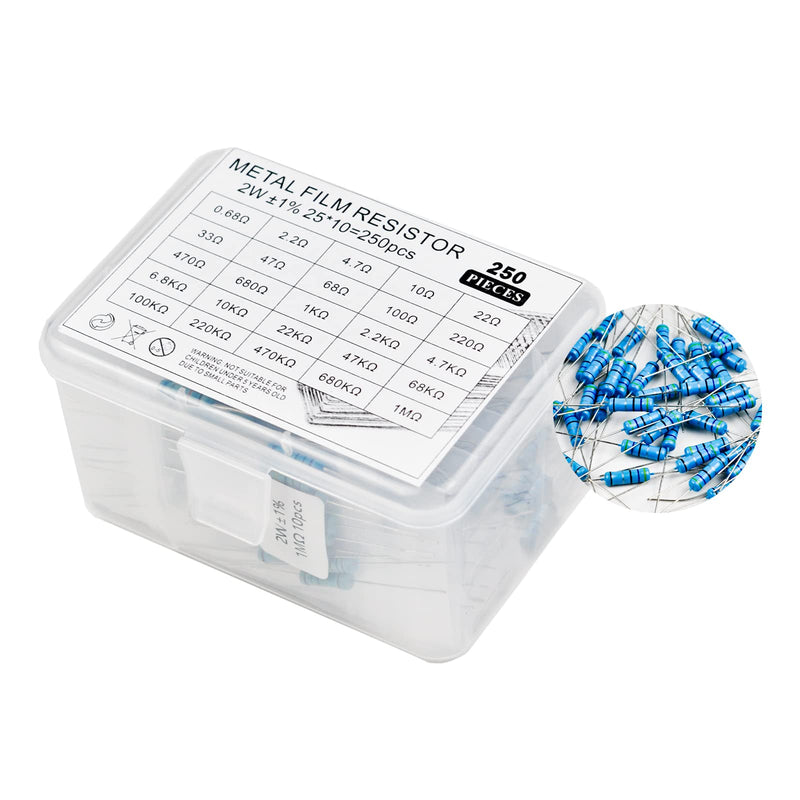 KOKISO 2W 250pcs 25 Value 0.68R-1MR Ω Ohm ±1% Tolerance 0.01 Metal Film Resistor Assorted Kit Assortment