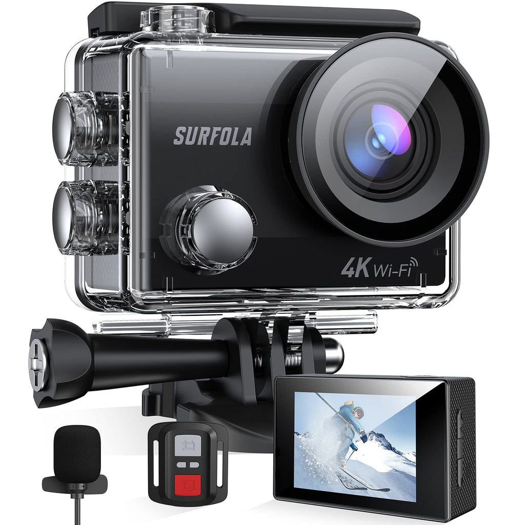 Action Camera, 4K/30FPS 20MP WiFi, Anti-Shake EIS Waterproof Camera Underwater 131ft, Remote Control External Microphone with 2 Batteries and Helmet Accessories Kit, Surfola SF230