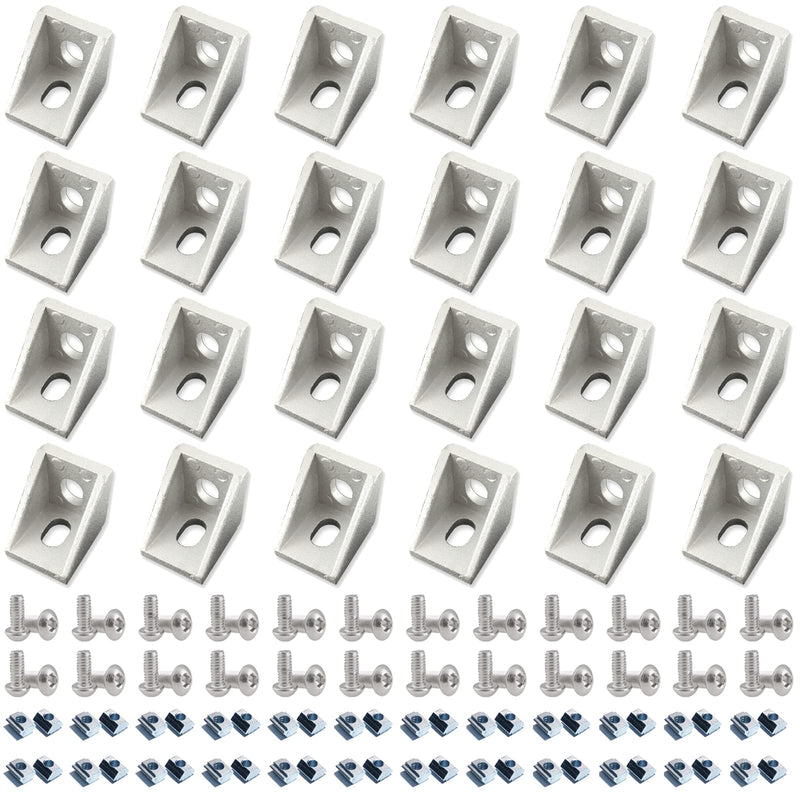 24Sets 2020 Series Aluminum Extrusion Profile Connector Set,24 pcs Corner Brackets,with 48 pcs T-Nuts and Hex Screw Bolt for 6mm 20S Slot Aluminum Profile Accessories ‎24Set Silver with Screw Nut