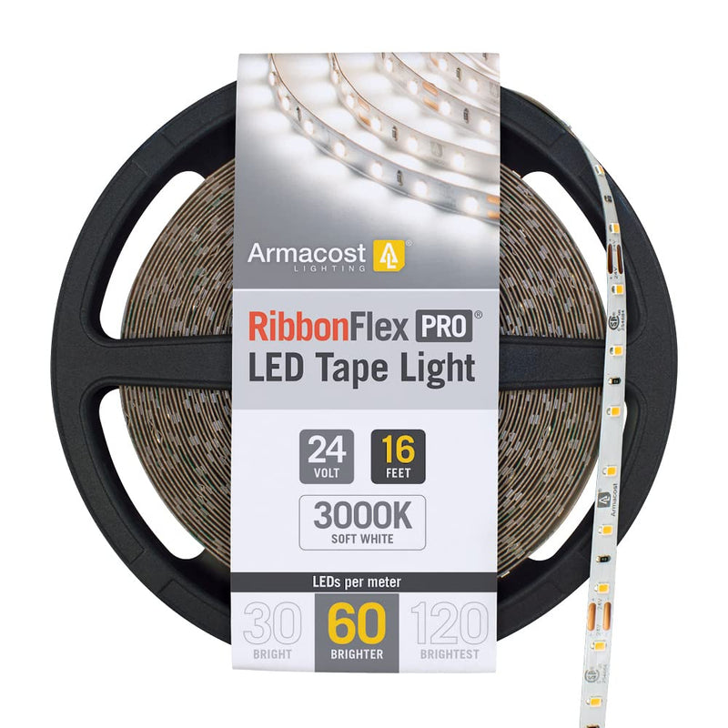 RibbonFlex Pro LED Tape Light, Soft Bright White(3000K), 60LEDs/M, 16.4' (5M) 24V 16.4 ft 3000k