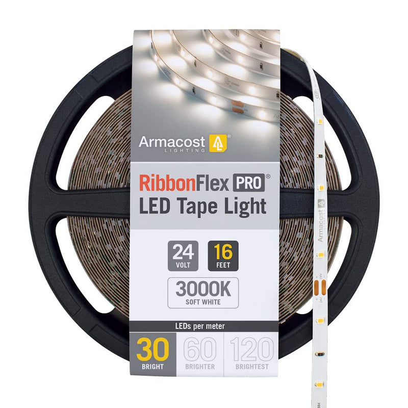 Armacost Lighting RibbonFlex Pro LED Tape Light, Soft Bright White (3000), 30LEDs/M, 16.4' (5M) 24V (144230) 16.4 ft 3000k