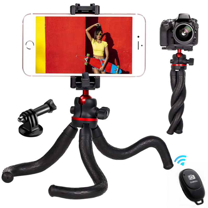 [AUSTRALIA] - LCNCY Flexible Phone Tripod Stand, Flexible iPhone Tripod with Remote, Mini Camera Tripod with Cold Shoe, 360° Waterproof Portable Travel Flexible Tripod Compatible with iPhone/Android/DSLR/Gopro Black + red 