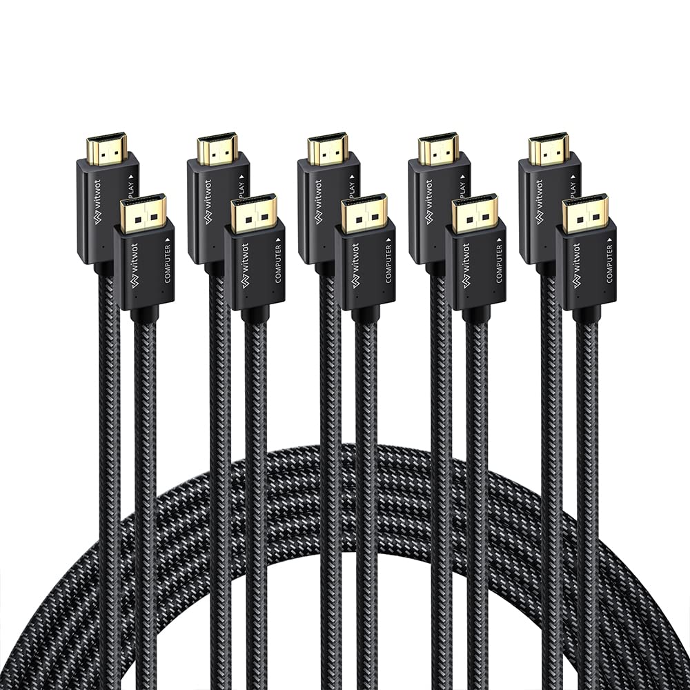 WitWot 4K DisplayPort to HDMI Cable Adapter, 6 FT, 5 Pack, Gold Plated Nylon Braided High Speed (1440P 60Hz, 1080P 120Hz) Uni-Directional DP PC to HDMI Monitor Cord Black