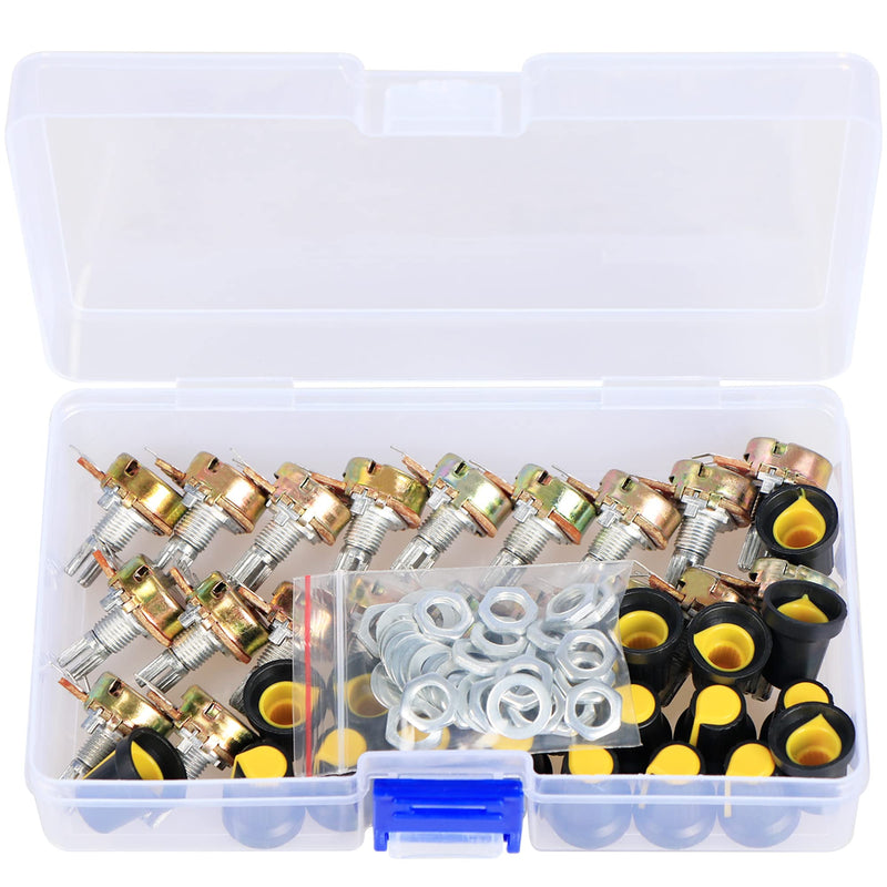 10K Potentiometer B10K Ohm Knurled Shaft Linear Rotary Taper Potentiometer 3 Terminals Single Linear Variable Resistor with Potentiometer Knob, Nuts and Washers-20 Sets