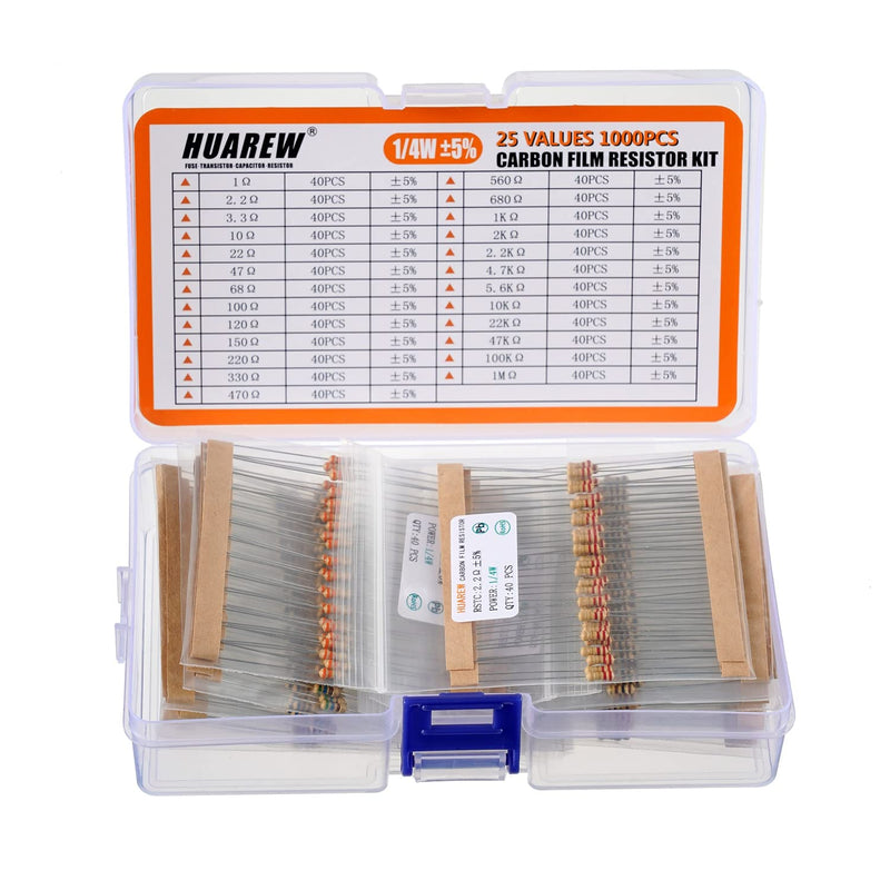 HUAREW 25 Values Single Resistor Kit with 1000 Pcs 1 Ohm-1M Ohm 1/4 W 5% Carbon Film Resistors Assortment Kit for DIY Projects and Experiments
