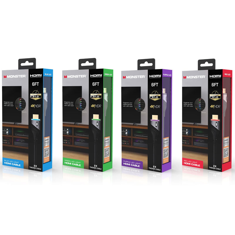[AUSTRALIA] - Monster 6ft High Speed 4K HDR Hdmi Cables with Built-in Led Light, Gaming, Video, and Computer, 4 Pack 4 -Pack 