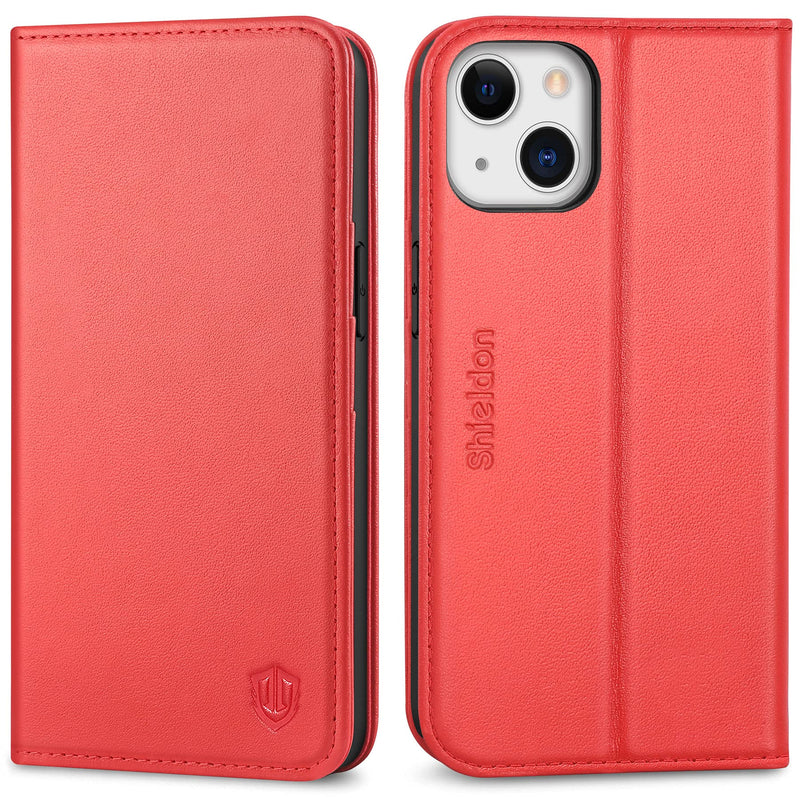 [AUSTRALIA] - SHIELDON Case for iPhone 13, Genuine Leather iPhone 13 Folio Wallet Magnetic Shock Absorbing Case RFID Blocking Credit Card Holder Kickstand Compatible with iPhone 13 5G (6.1-inch) - Red 