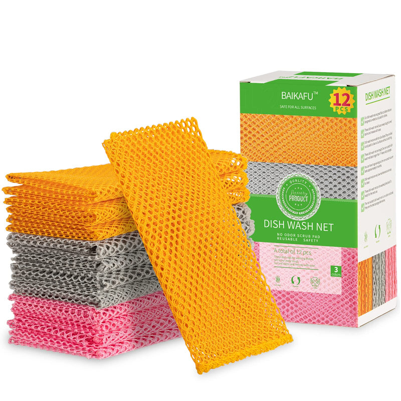 12Pcs Dish Wash Net,Innovative Mesh Cloth,Ultra Durable Non-Scratch Dish Rags for Washing Dishes,100% Odor Free / Quick Dry,Perfect Scrubber,Dish Sponges for Washing Dishes Yellow/Pink/Gray