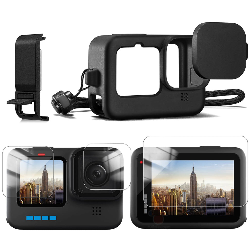 Accessories Kit Compatible with GoPro Hero 10/9 Black Silicone Sleeve Protective Case Tempered Glass Screen Protector Battery Cover for GoPro Hero 10/9