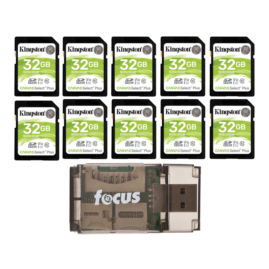 Kingston 32GB SDHC Canvas Select Plus Memory Card (10-Pack) with High Speed Card Reader Bundle (11 Items)