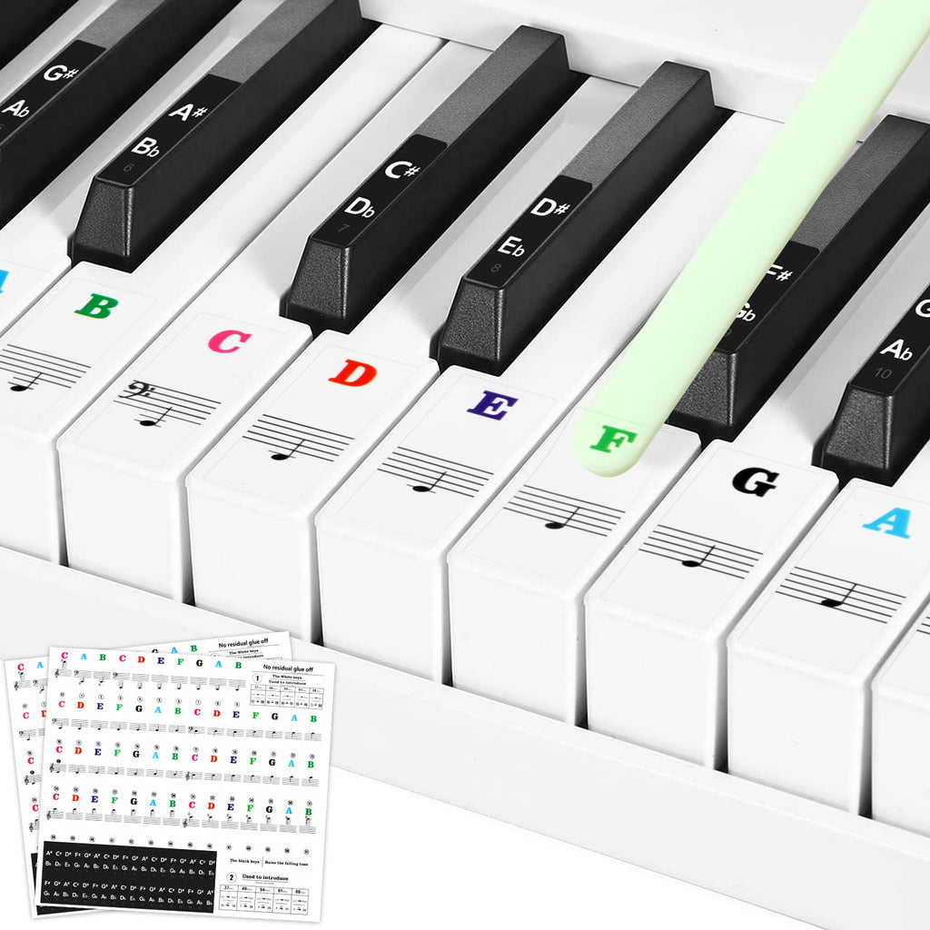 2 Set Piano Keyboard Stickers for 37/49/54/61/88 Key Keyboards, Piano Stickers for Beginners with an Auxiliary Stick, Transparent Removable Piano Key Labels, Keyboard Note Stickers