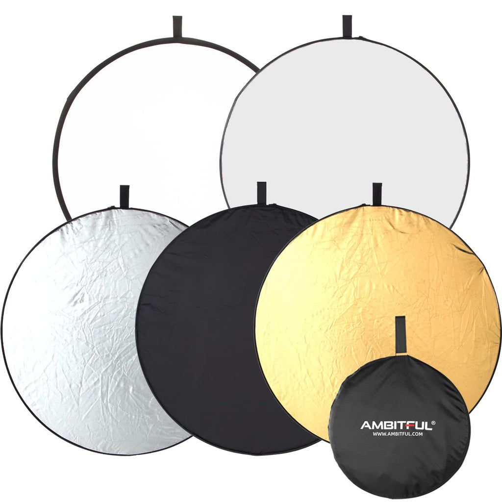 AMBITFUL 5in1 31.5inch/ 80CM Silver White Gold Transparent Black Portable Collapsible Light Round Photography Reflector for Studio(31.5inch/80cm, 5-in-1 Gold/Silver/Black/White/Translucent) 31.5inch/80cm