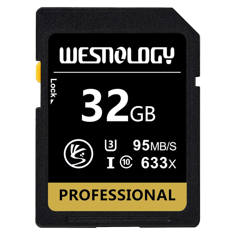 32GB Memory Card, WESNOLOGY Professional 633 x Class 10 Card U3 Memory Card Compatible Computer Cameras and Camcorders, Camera Card Memory Card Up to 95MB/s, Yellow/Black 32GB Yellow
