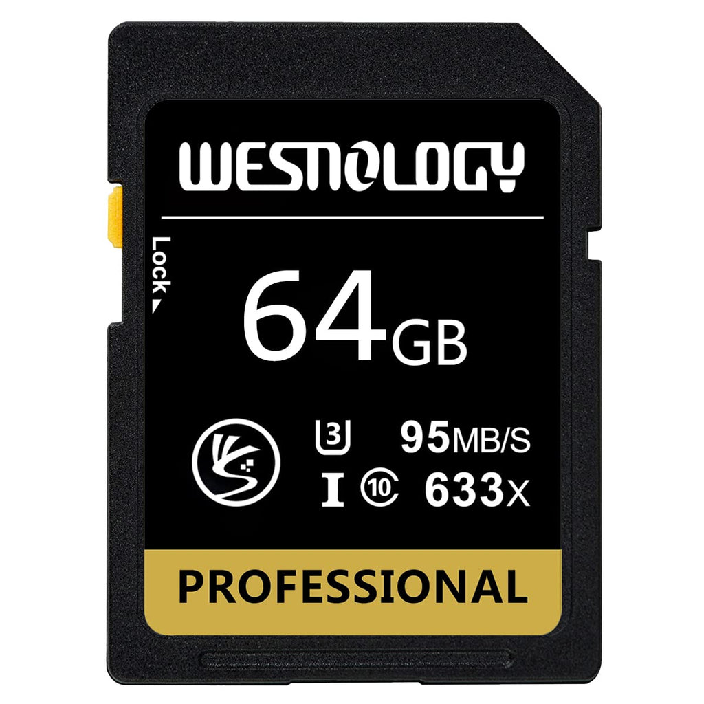 64GB Memory Card, WESNOLOGY Professional 633 x Class 10 Card U3 Memory Card Compatible Computer Cameras and Camcorders, Camera Card Memory Card Up to 95MB/s, Yellow/Black 64GB Yellow