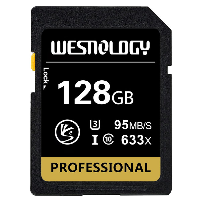 128GB Memory Card, WESNOLOGY Professional 633 x Class 10 Card U3 Memory Card Compatible Computer Cameras and Camcorders, Camera Card Memory Card Up to 95MB/s, Yellow/Black 128GB Yellow