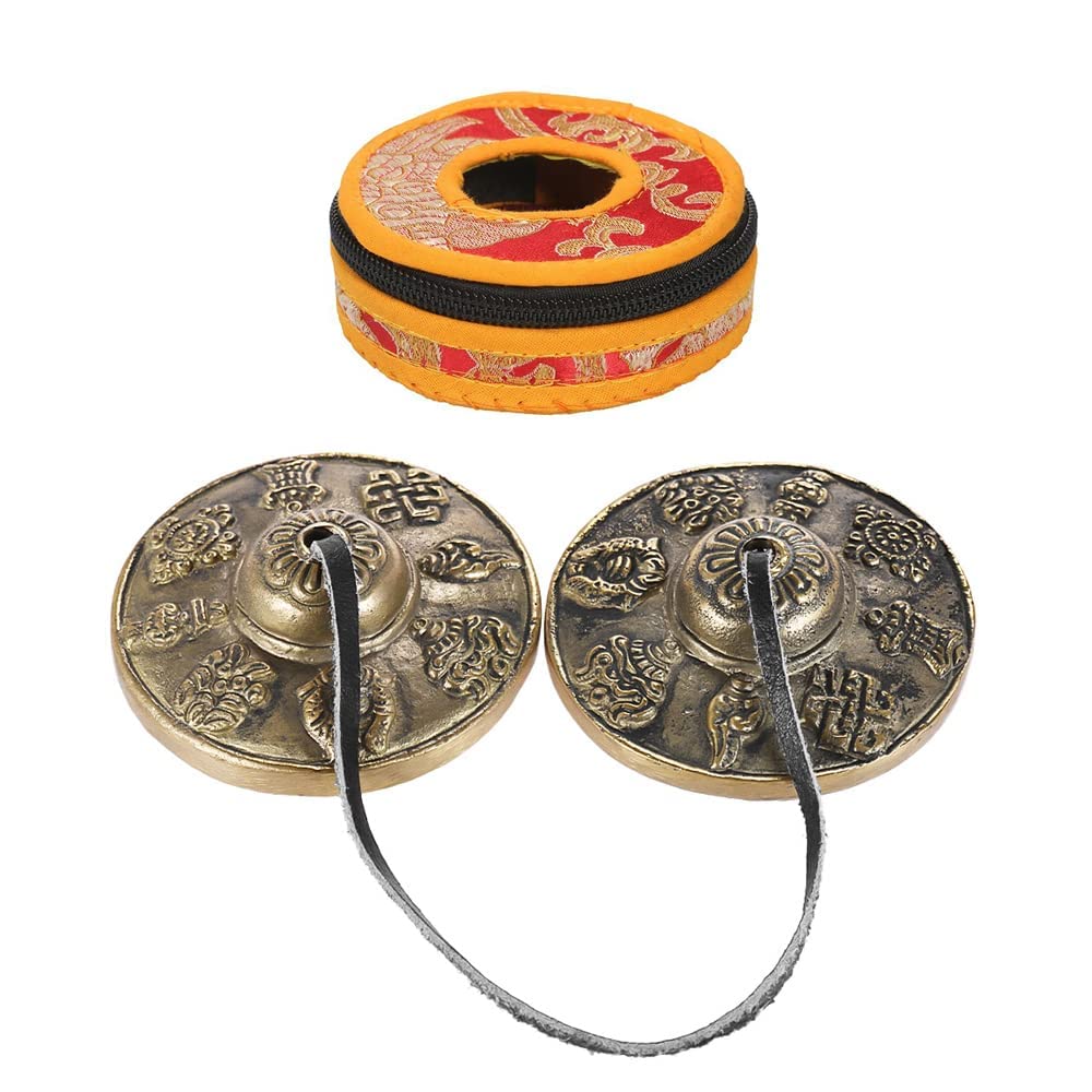 Heysland Tibetan Tingsha Cymbal Bell 2.6in/6.5cm Handcrafted Yoga Bell Meditation Chime Bells with Bag Eight Auspicious Symbols