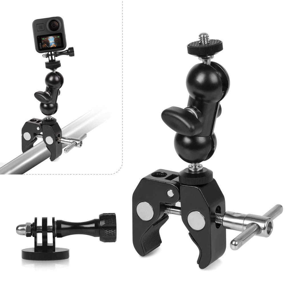 Double Ball Head Camera Mounts Universal Swivel Clamp Camera Clamp Mount Adapter with 1/4"-20 Tripod Mount Adapter Screw Mount Compatible with insta360 oneX X2 GoPro and Other Cameras