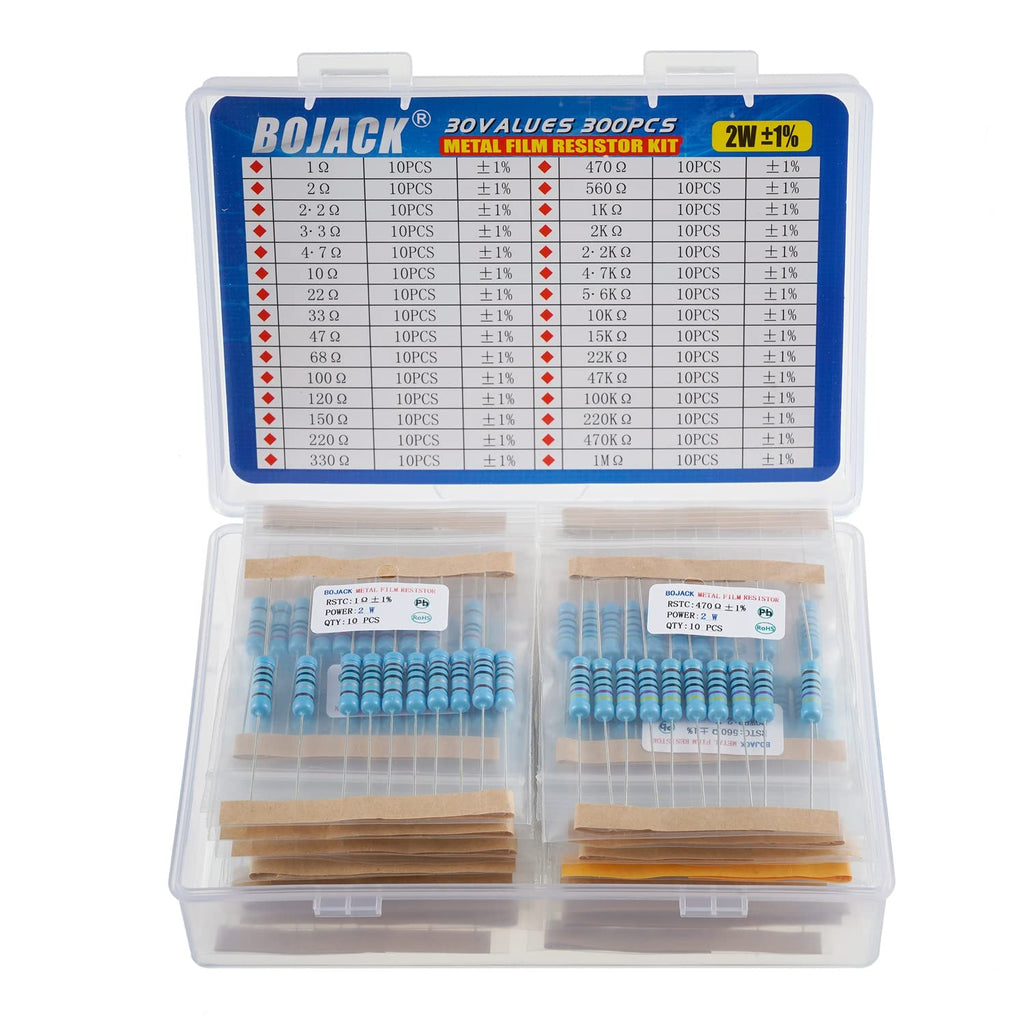 BOJACK 300 Pcs 30 Values Resistor Kit 1 Ohm - 1M Ohm with 1% 2W Metal Film Resistors Assortment 2 W