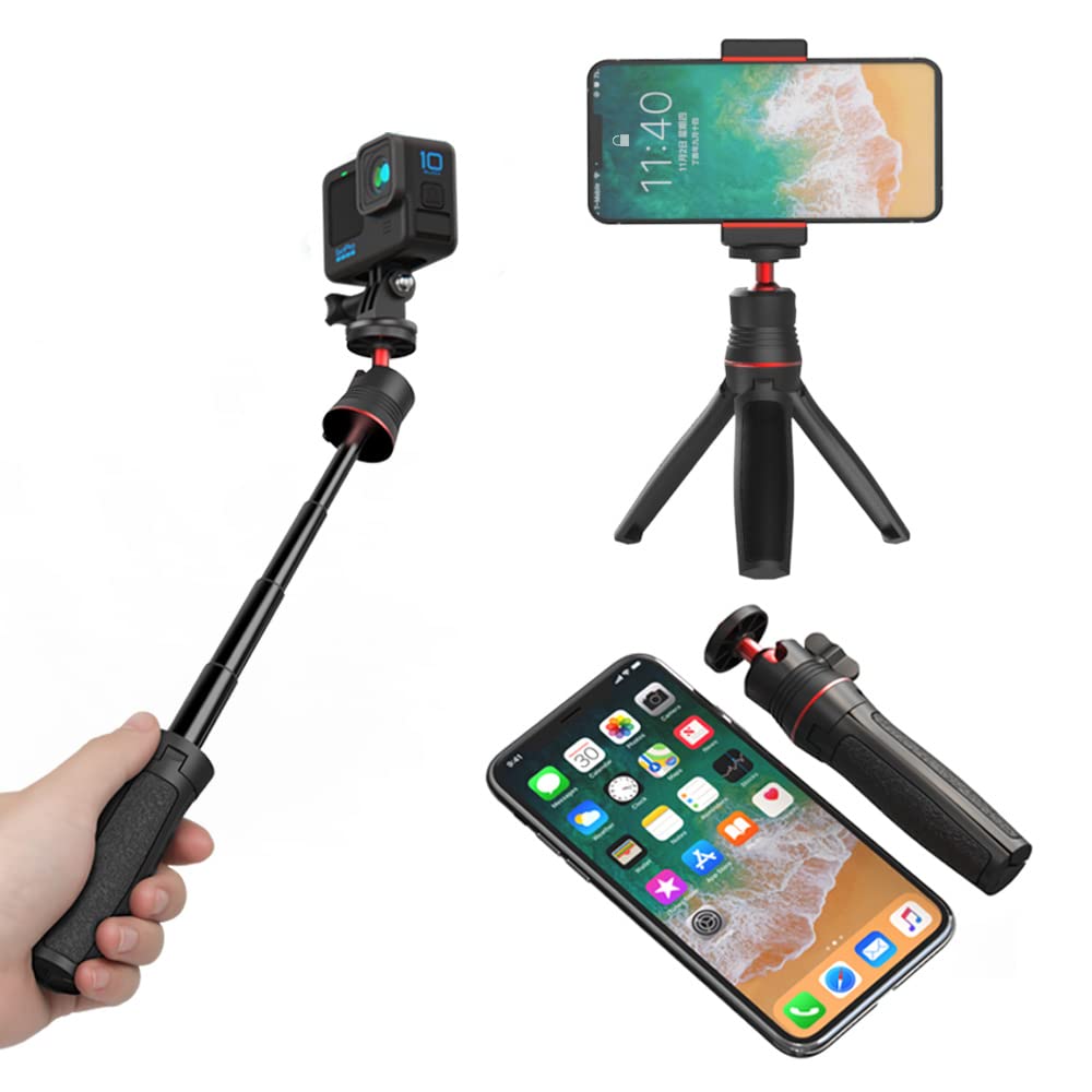 2 in 1 Mini Extendable Selfie Stick for Gopro,Portable Vlog Selife Stick Tripod Stand with Phone Clip Compatible with Gopro Hero 10/9/8/7,DJI Action 2,DJI Osmo Action Camera Accessory Kits