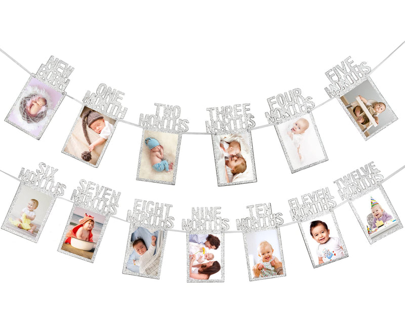 Whaline 1st Birthday Baby Photo Banner for Newborn to 12 Months, Monthly Milestone Photograph Bunting Garland, First Birthday Celebration Decoration (Silver) Silver