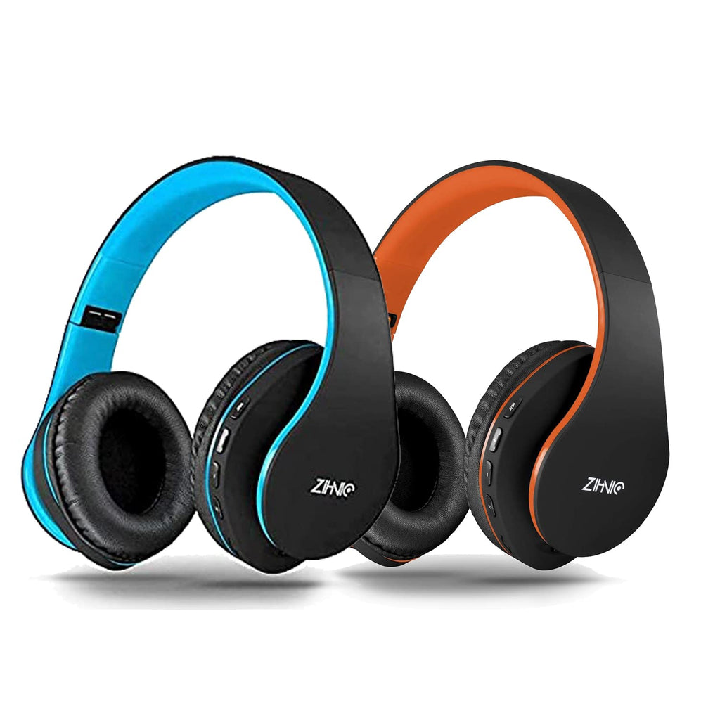 2 Items,1 Black Blue Zihnic Over-Ear Wireless Headset Bundle with 1 Black Orange Zihnic Foldable Wireless Headset