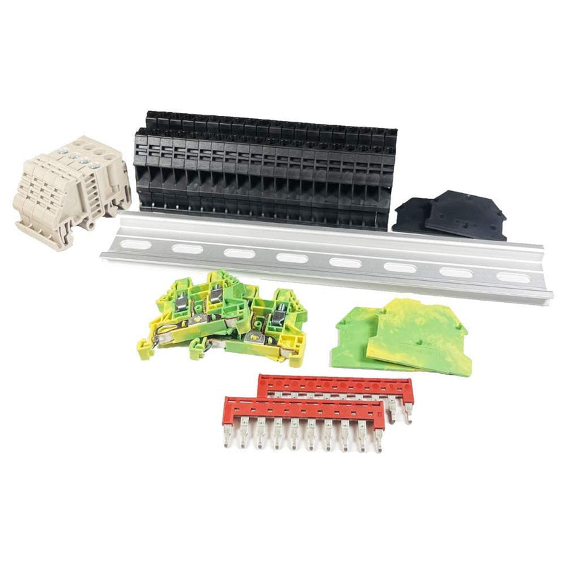 ICI Dinkle DIN Rail Terminal Block Kit #1 Black 20 DK2.5N-BK 12 AWG Gauge 20A 600V Ground DK2.5N-PE Jumper DSS2.5N-10P End Covers End Brackets