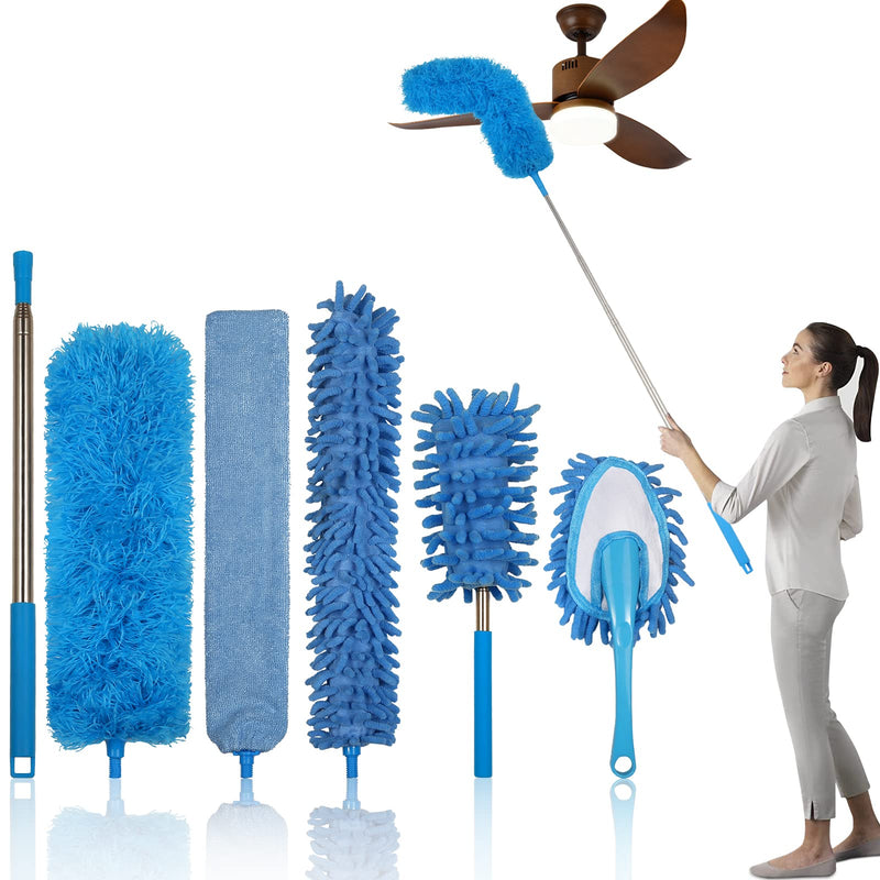 Dusters for Cleaning,6 PCS Feather Duster Microfiber Duster with 100'' Stainless Steel Extension Pole, Bendable & Washable Telescopic Cobweb Duster for Ceiling Fan,High Ceiling,Blinds,Furniture & Cars 6pcs