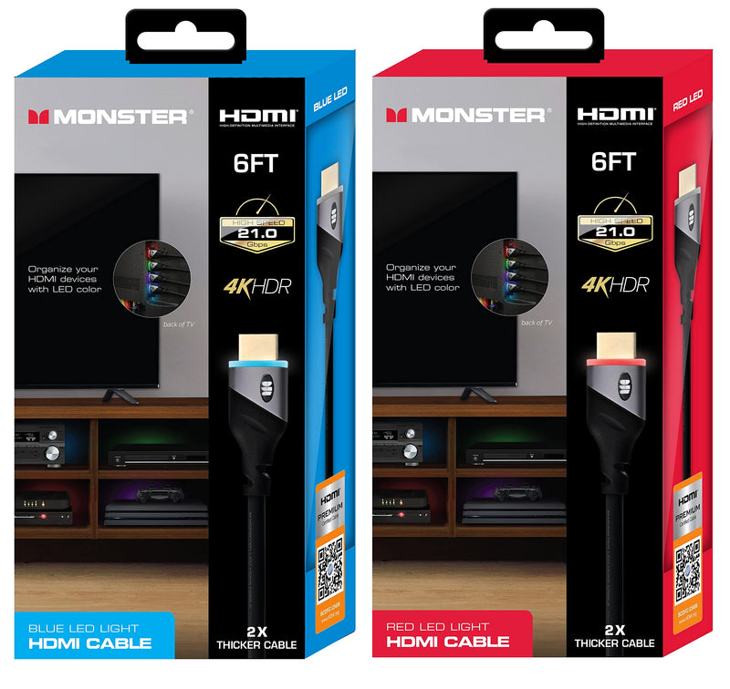 [AUSTRALIA] - Monster 6ft High Speed 4K HDR Hdmi Cables with Built-in Led Light, Blue and Red Lighted Cables 2 -Pack 